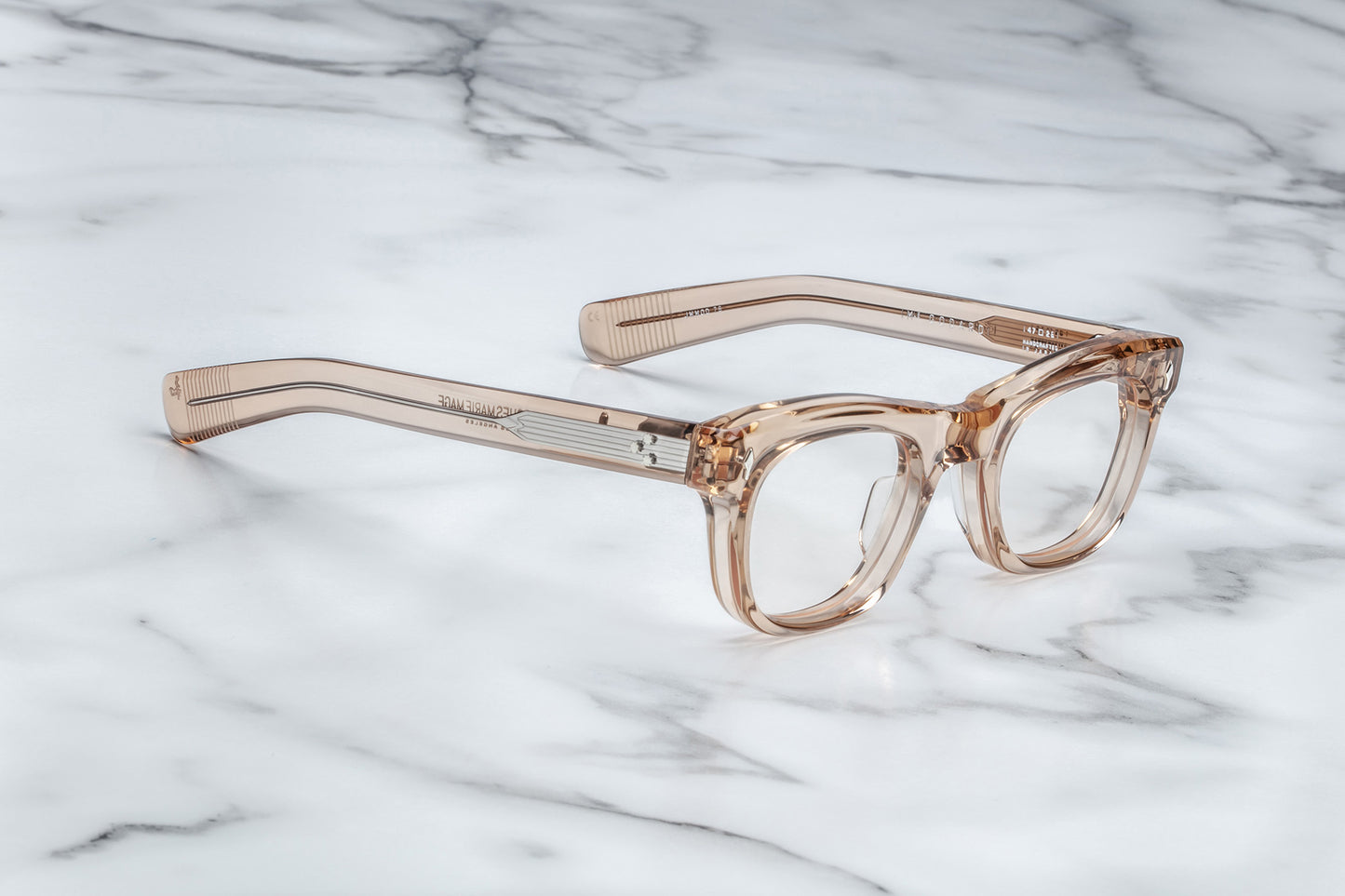 Side view of translucent beige square eyeglasses