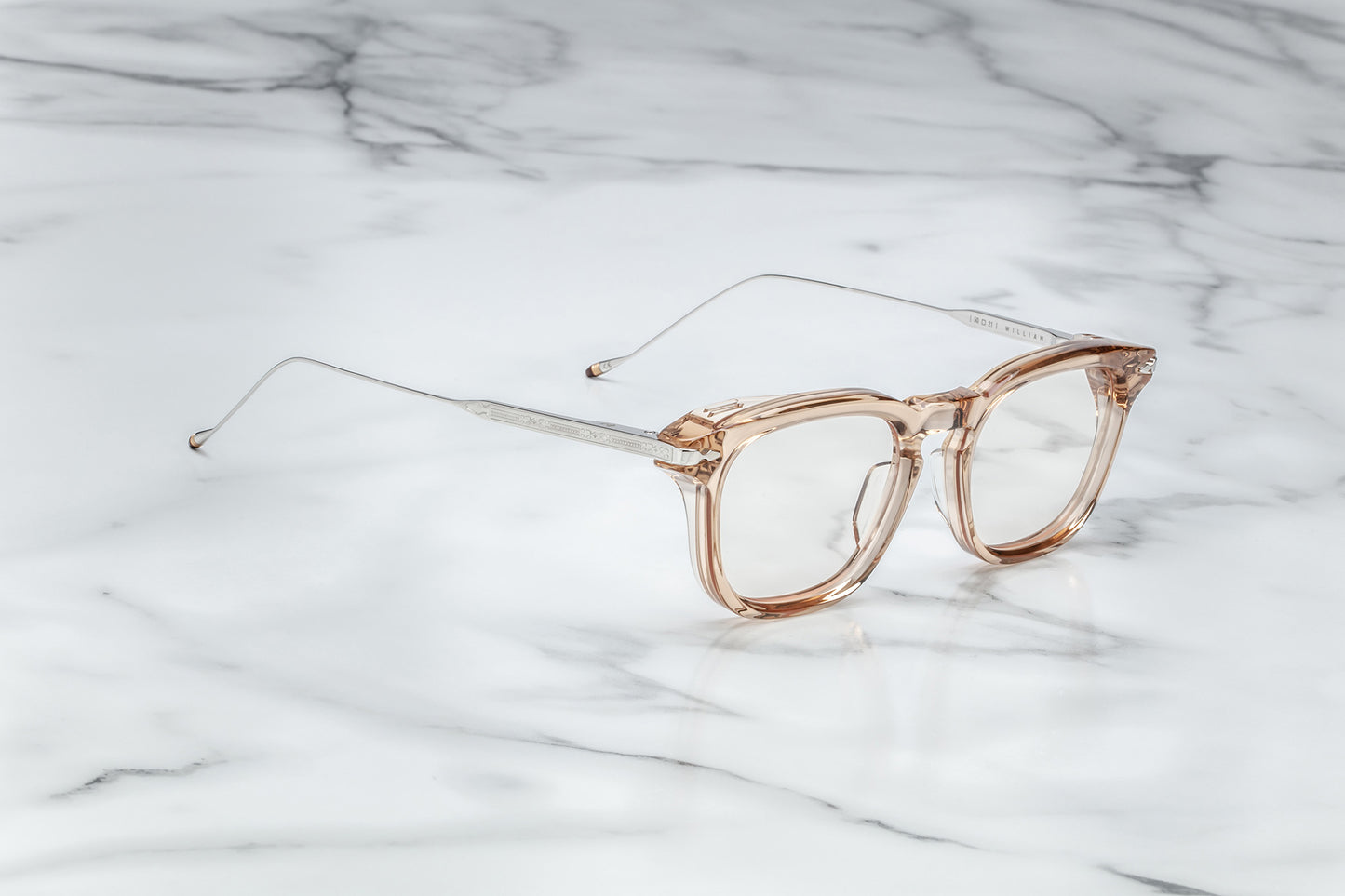 Side view of translucent beige round eyeglasses