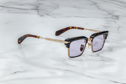 Side view of light gold rectangular sunglasses with lavender lenses