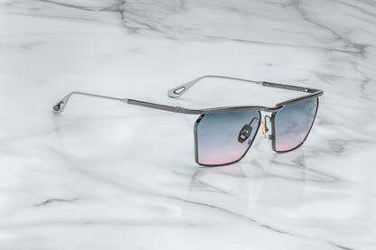 Side view of black sunglasses purple gradient lenses