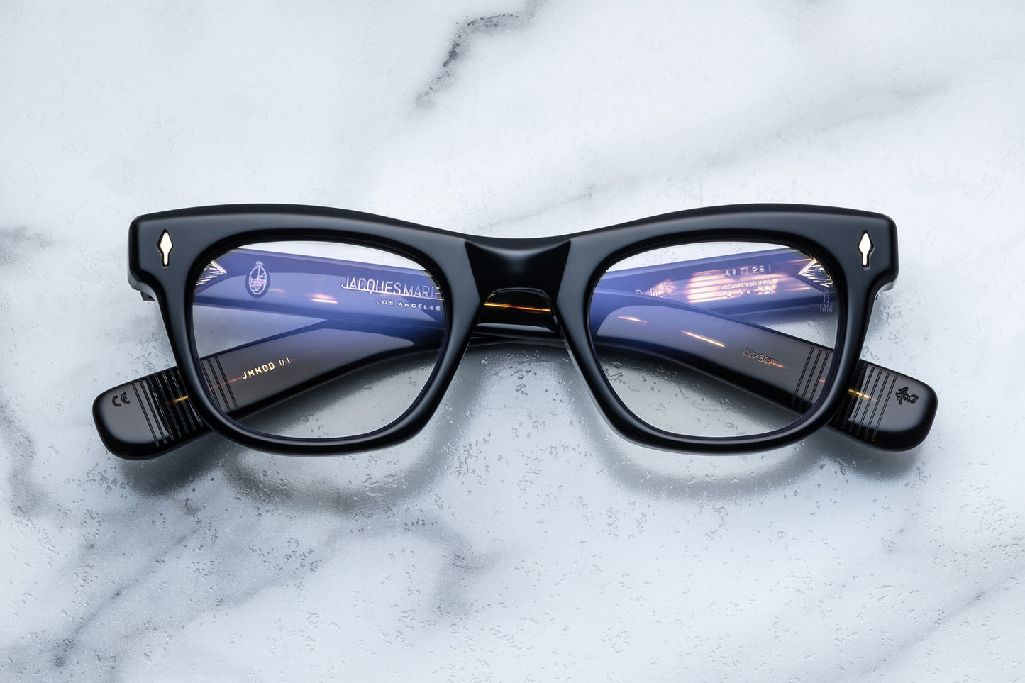 Overhead view of black square eyeglasses