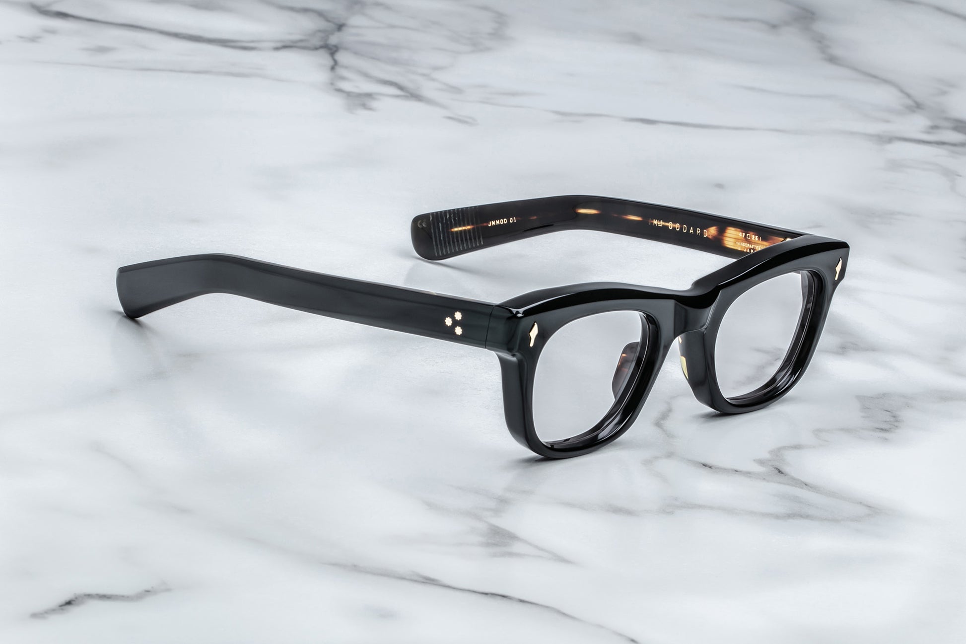Side view of black square eyeglasses