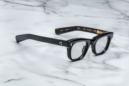 Side view of black square eyeglasses