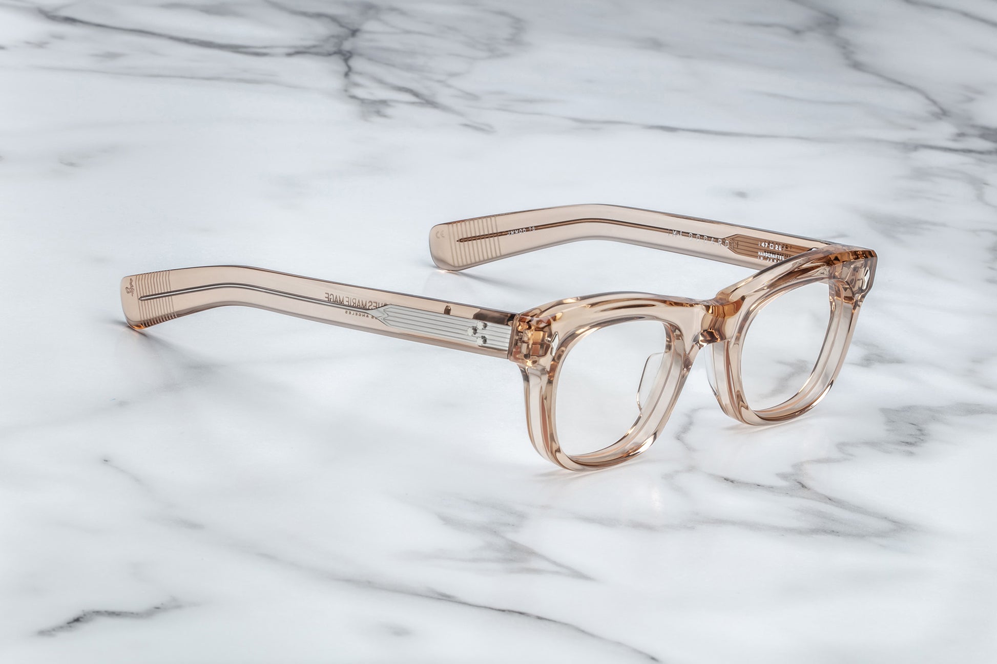 Side view of translucent beige square eyeglasses