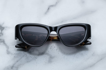 Overhead view of black cat eye sunglasses with grey lenses