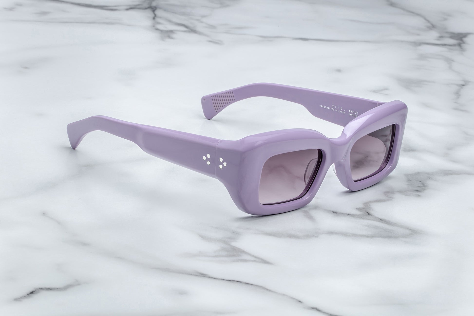 Side view of rectangular purple sunglasses